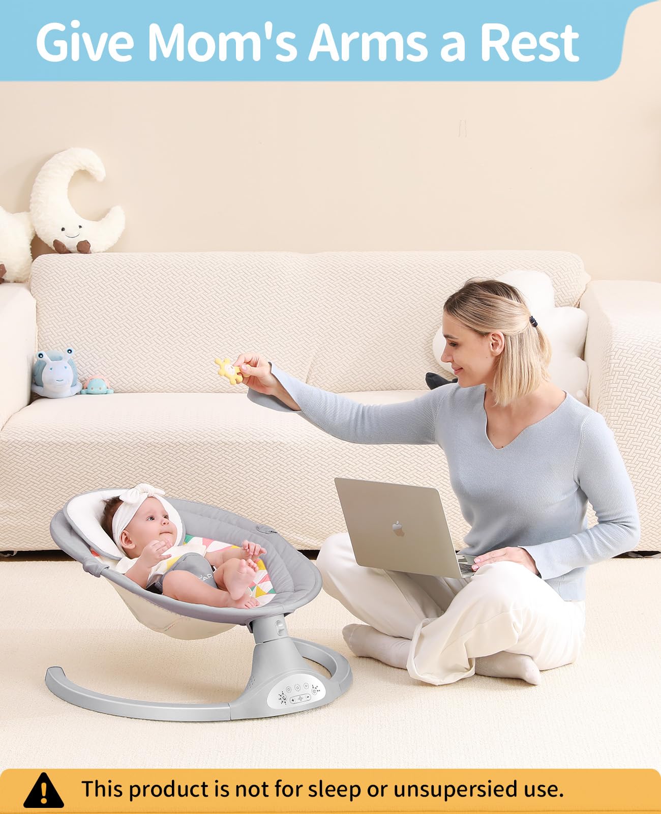 LAREX Electric Baby Swing with Bluetooth, 5 Speed Settings & Remote Control - Portable Infant Rocker for Newborns (Grey) - Perfect for Nursery, Travel & Soothing Fussy Babies