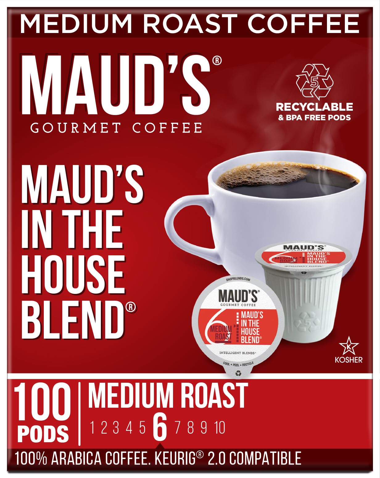 Maud's Medium Roast Coffee Pods 100 Count - 100% Arabica Single Serve Recyclable K-Cups - Compatible with Keurig Coffee Makers - Perfect for Home, Office & Morning Brews