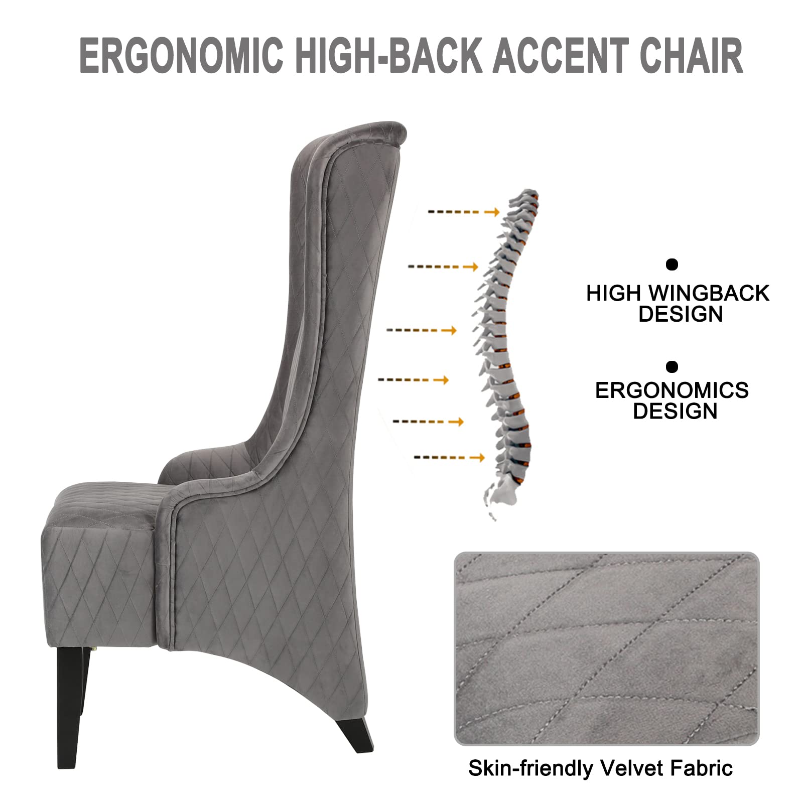 Luxury Velvet Wingback Accent Chair with Tufted Design & Solid Wood Legs - Modern Living Room Armchair for Home Office, Bedroom or Reading Nook - Grey Upholstered High Back Comfort Chair (Fabric Sofa Chair)