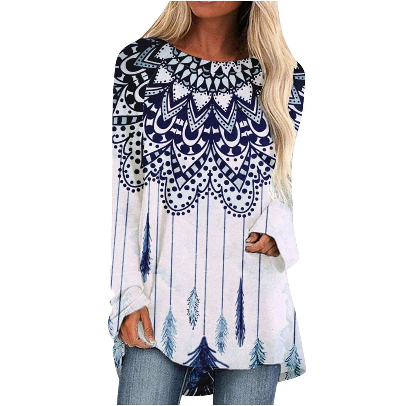 Women's Aztec Print Tunic Top - Long Sleeve Flowy Blouse for Leggings | Western Ethnic Style Loose Basic Tops | Perfect for Casual Wear, Boho Outfits & Festival Fashion