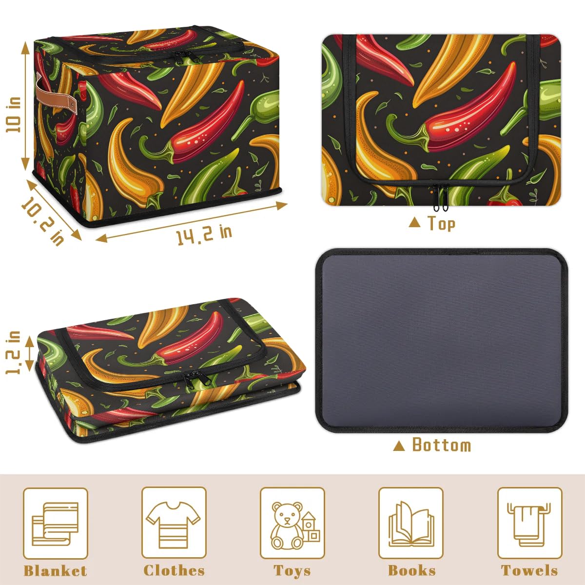 2-Pack Stackable Chili Pepper Vegetable Storage Bins with Zipper Lid & Metal Frame - PU Handled Closet Organizer Cubes for Clothes, Toys & Home Organization | Perfect for Bedroom, Closet & Pantry Storage