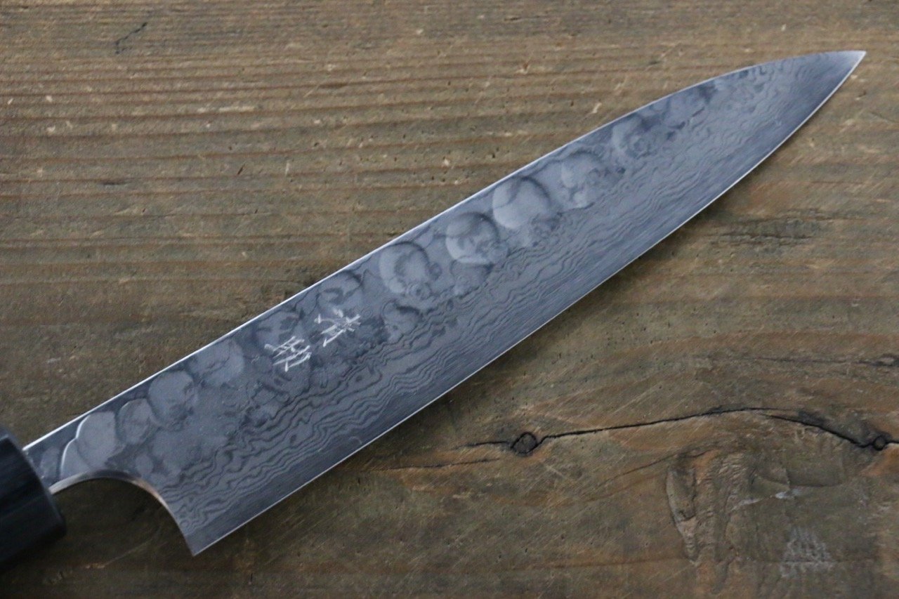 Premium Seisuke Blue Steel No.2 Hammered Damascus Petty Utility Knife 150mm with Shitan Handle - Perfect for Slicing, Peeling & Precision Kitchen Tasks