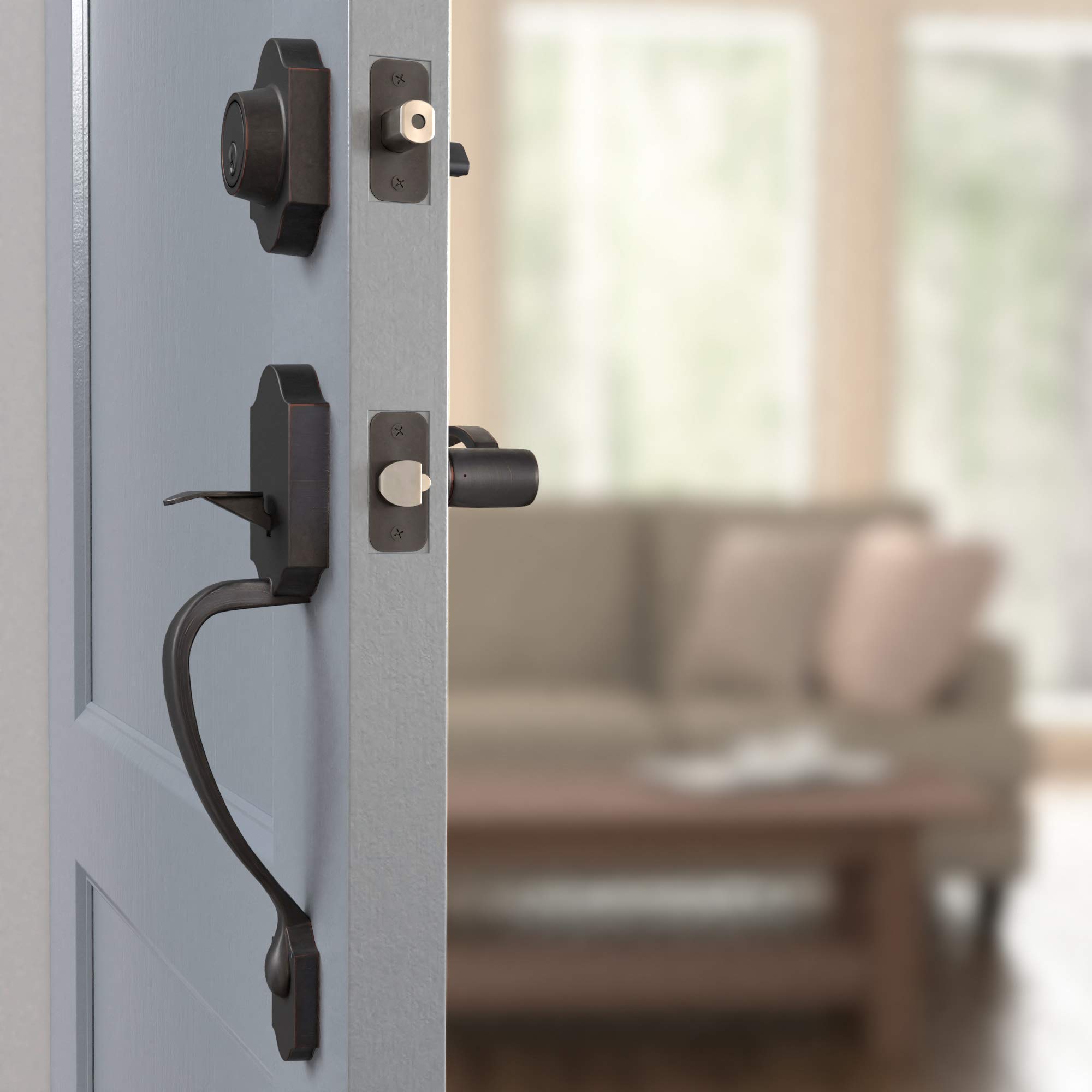 Amazon Basics Handleset with Shelby Lever - Single Cylinder Door Handles, Oil Bronze Finish, 6-Pack for Interior Doors - Perfect for Home, Office, and Apartment Renovations