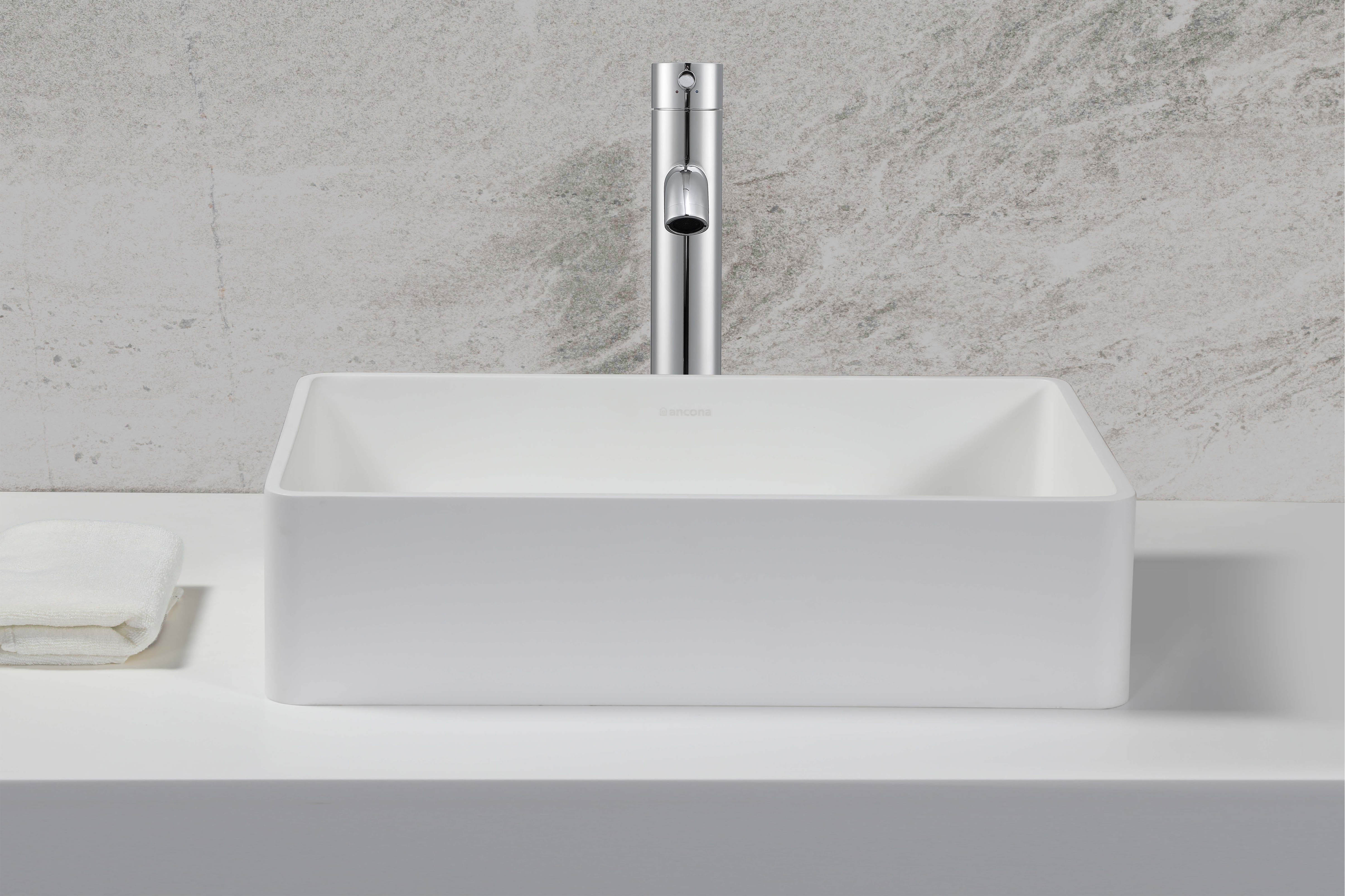 Ancona Holbrook White Pure Stone Rectangular Vessel Sink - Modern Bathroom Vanity Top for Powder Room, Master Bath & Spa Retreat
