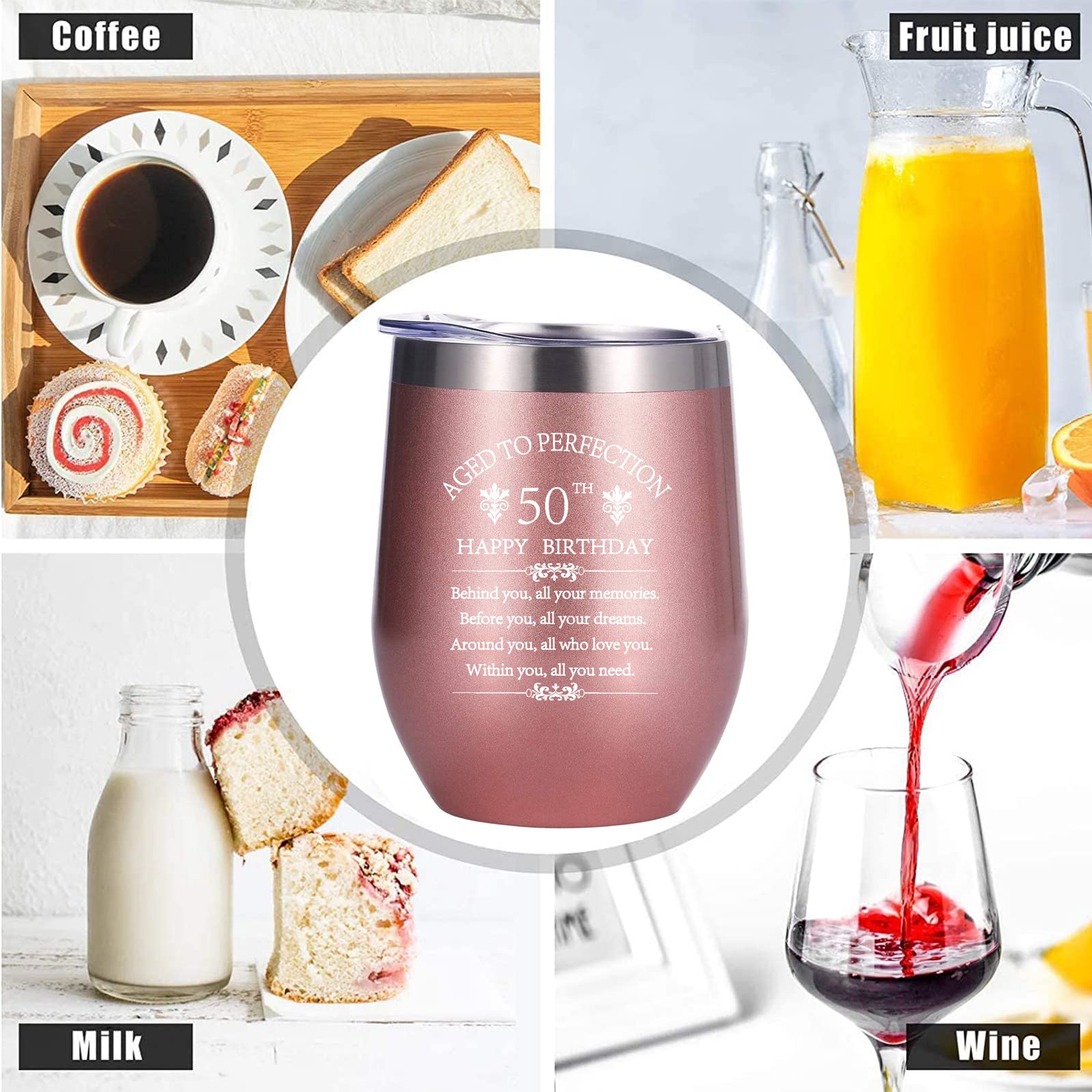 50th Birthday Gift for Women & Men - 12oz Rose Gold Stainless Steel Wine Tumbler with Double Wall Insulation | 50 Years Old Anniversary Present for Wife, Husband, Mom, Dad, Sister or Aunt | Perfect for Celebrations, Parties & Daily Use