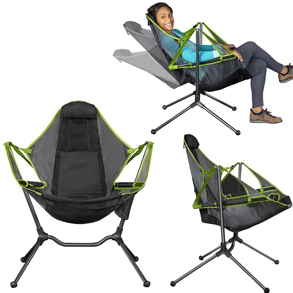 Ultralight Folding Reclining Camping Chair with Pillow - Portable Rocking Moon Chair for Outdoor, Beach, Picnic & Travel - Perfect for Camping, Fishing, Stargazing & Backyard Relaxation (Light Green)