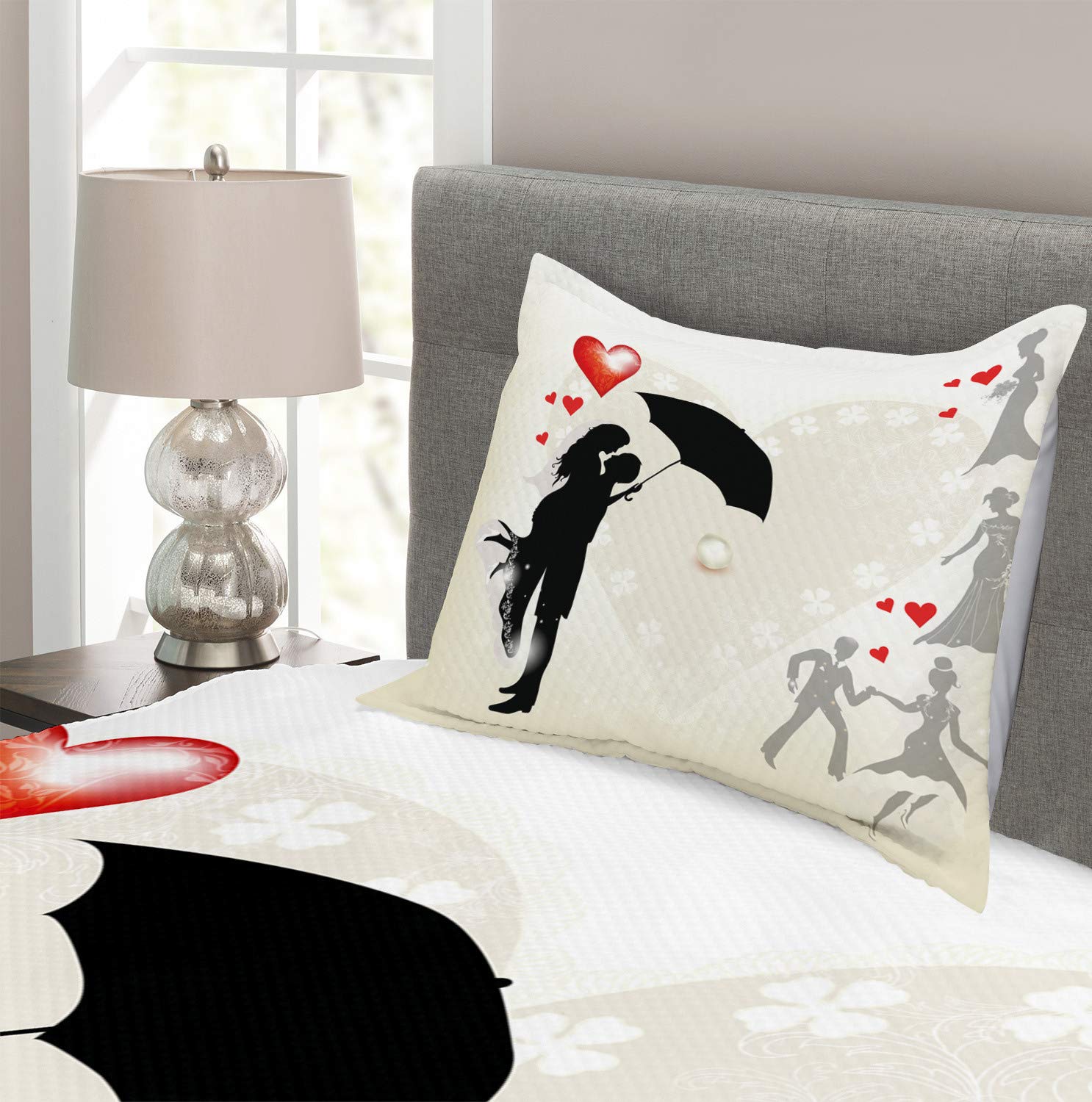 Ambesonne Romantic Wedding Bedspread Set - 3 Piece Twin Size Bedding with Love Umbrella & Heart Daisies Design (Black/White/Red) - Perfect for Anniversary Gifts, Honeymoon Suite Decor & Couples Bedroom