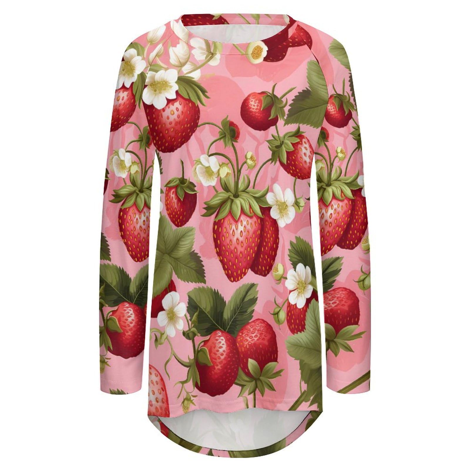 Sweet Strawberry Print Women's Long Sleeve T-Shirt - Soft Crew Neck Casual Blouse, Loose Fit Top for Everyday Wear, Work & Weekend Outings