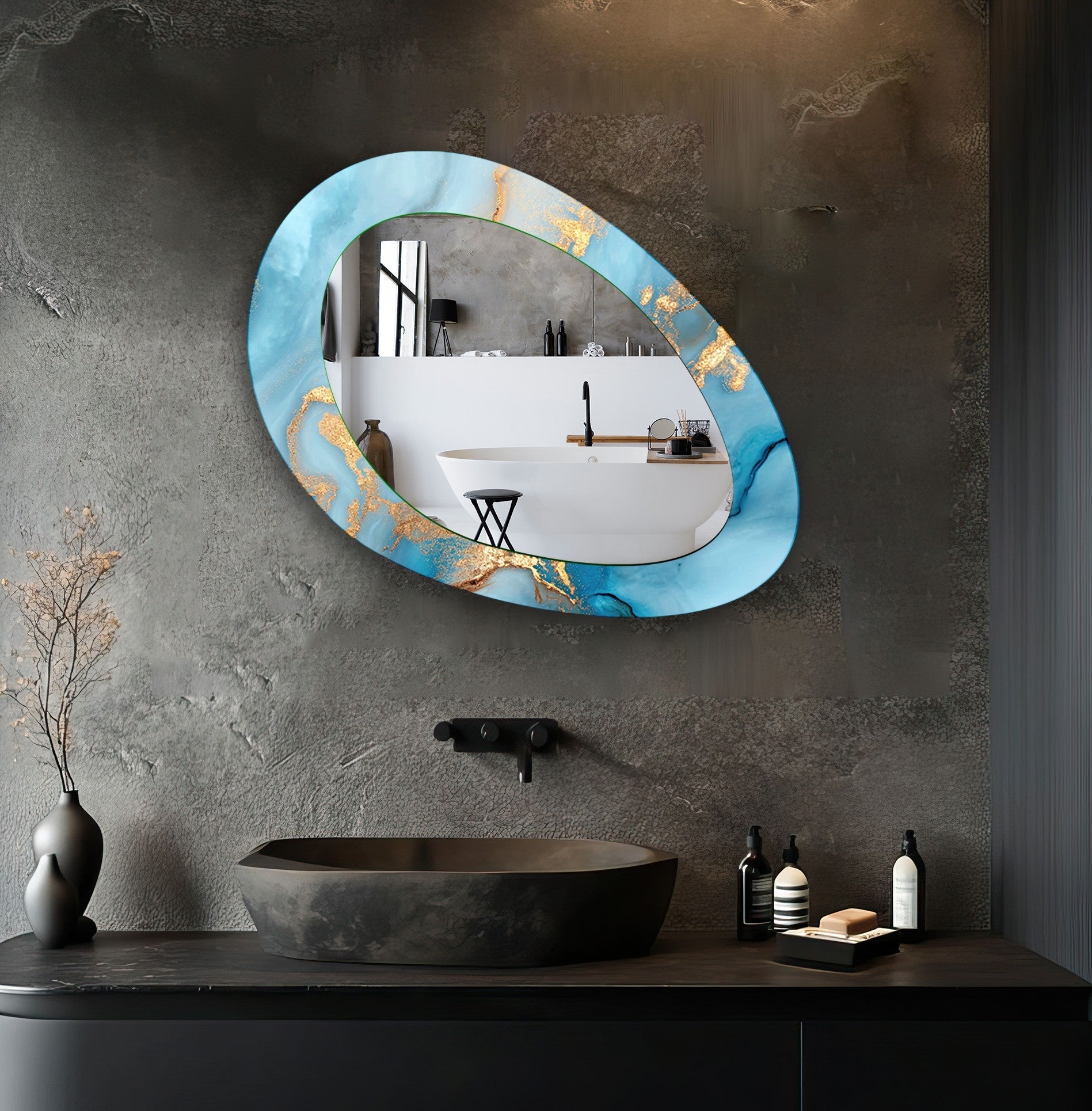 Blue Abstract Wall Mirror - Large Modern Decorative Mirror for Living Room, Bedroom & Entryway Decor