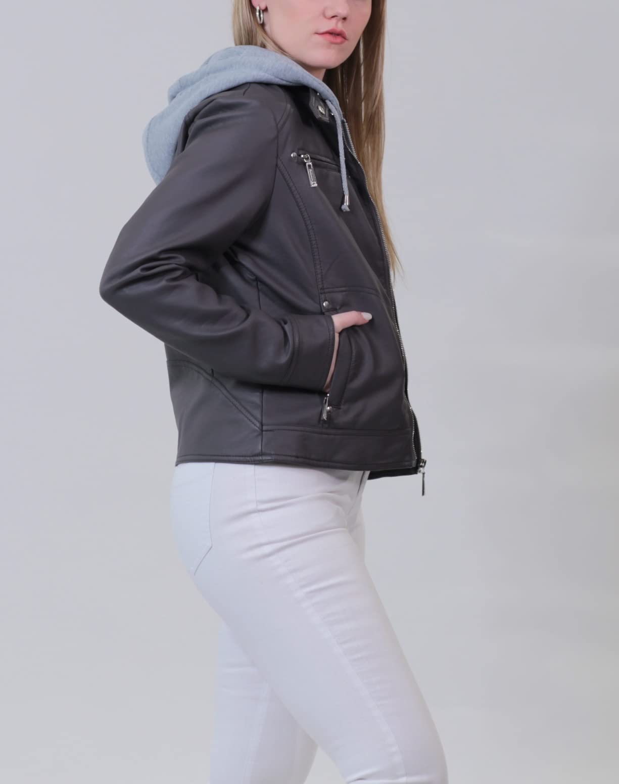 Vegan Leather Jacket for Women - Faux Fur Lined Winter Coat with Detachable Fleece Hoodie | Stylish Outerwear for Casual Wear, Street Fashion & Cold Weather Protection