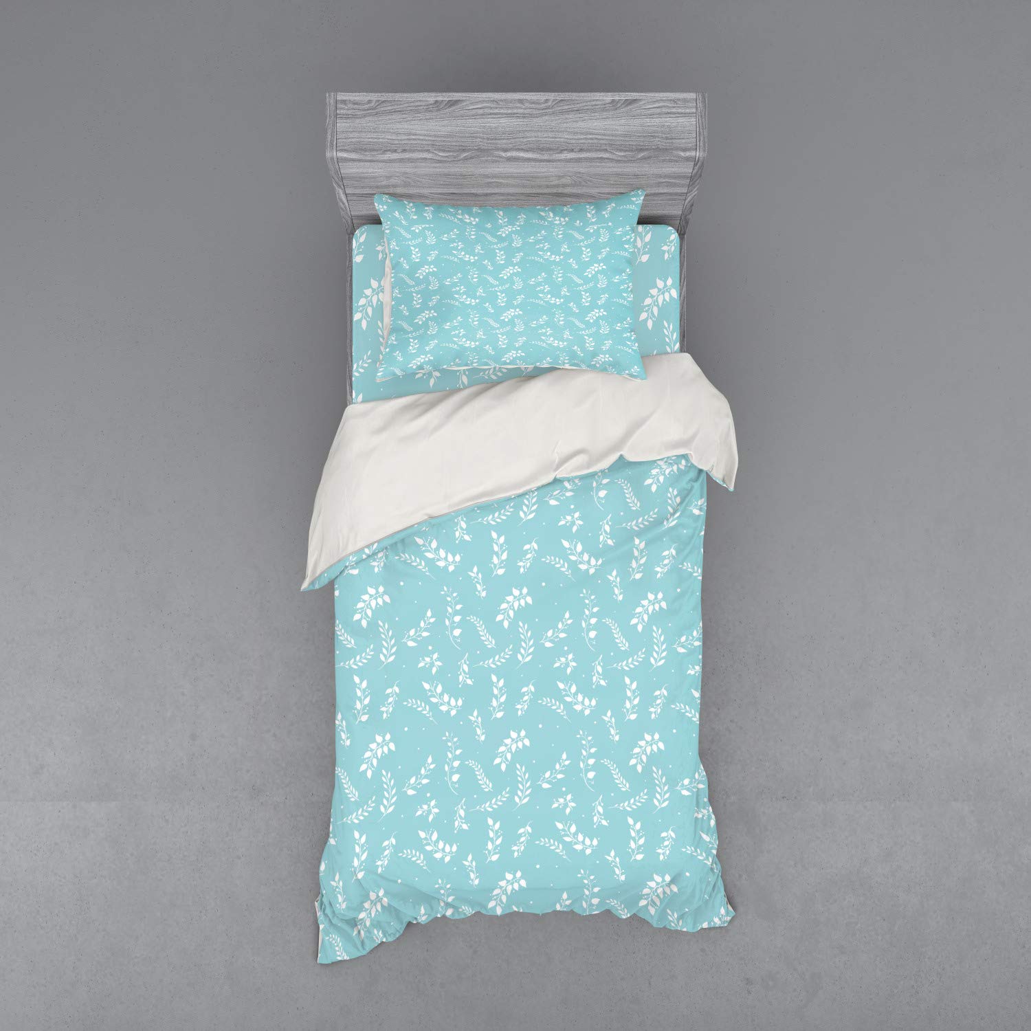 Ambesonne Tree Duvet Cover Set - Blooming Branches with Delicate Leaves, 3-Piece Twin Size Bedding (Duvet Cover + Sham + Fitted Sheet) in Pale Blue & White, Botanical Garden Theme for Bedroom Decor