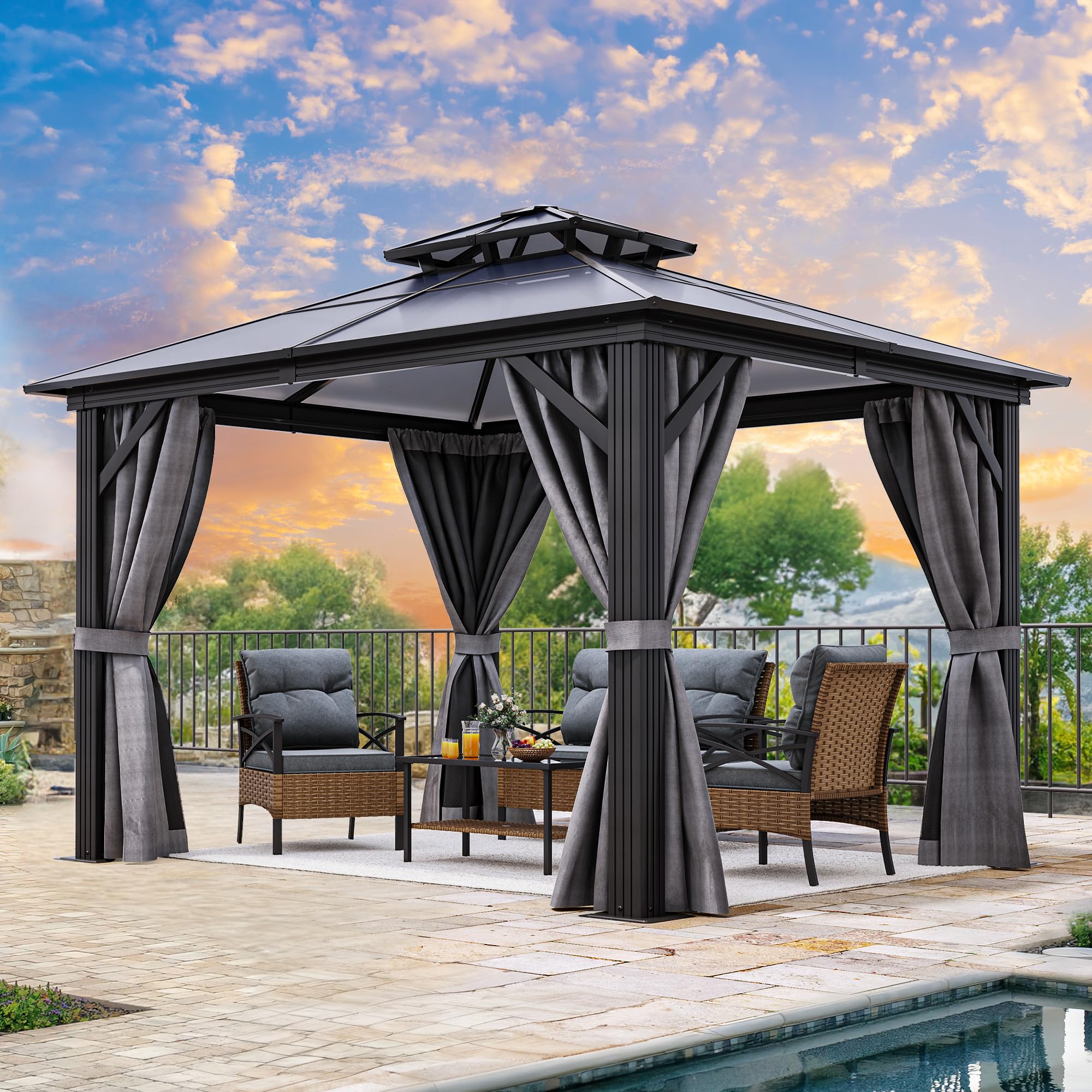 YITAHOME 10x10FT Polycarbonate Hardtop Gazebo with Double Roof, Netting & Shaded Curtains - Aluminum Frame Outdoor Canopy Tent for Patio, Backyard, Deck, Garden - Perfect for Outdoor Dining, BBQ Parties & Summer Relaxation (Grey)