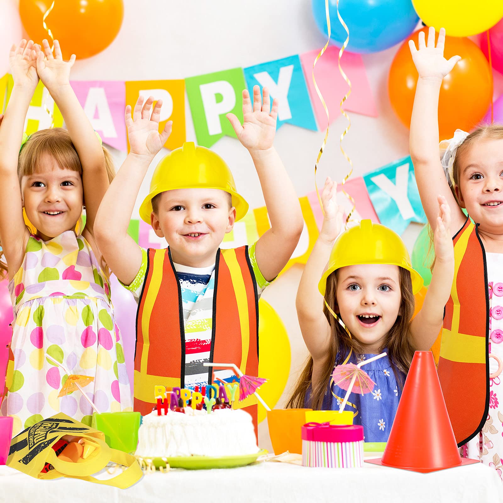 48 Pcs Kids Construction Birthday Party Supplies - Worker Costume Set with Hats, Vests, Tote Bag & Traffic Cones for Role Play, Dress Up & Construction Themed Parties - Perfect for Birthday Celebrations, School Events & Pretend Play