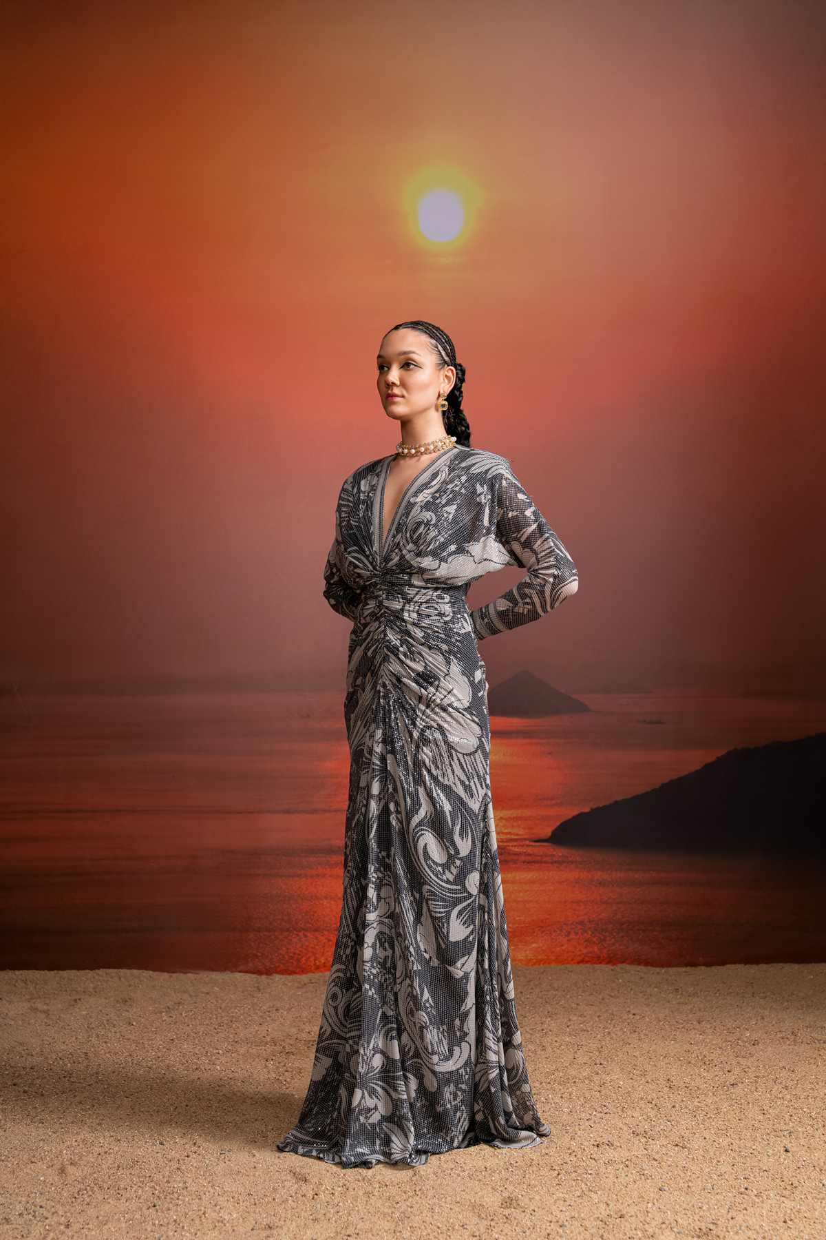 NOIR SWIRL PRINTED SEQUINS DRAPED DRESS - Elegant Black Sequin Party Dress for Women, Perfect for Evening Events, Cocktail Parties & Special Occasions
