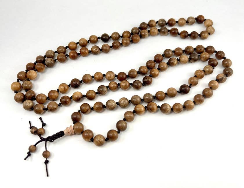 Gold Phoebe Wood Knotted 108 Bead Mala Prayer Beads - 8mm Buddhist Meditation Necklace for Yoga, Mindfulness & Spiritual Healing