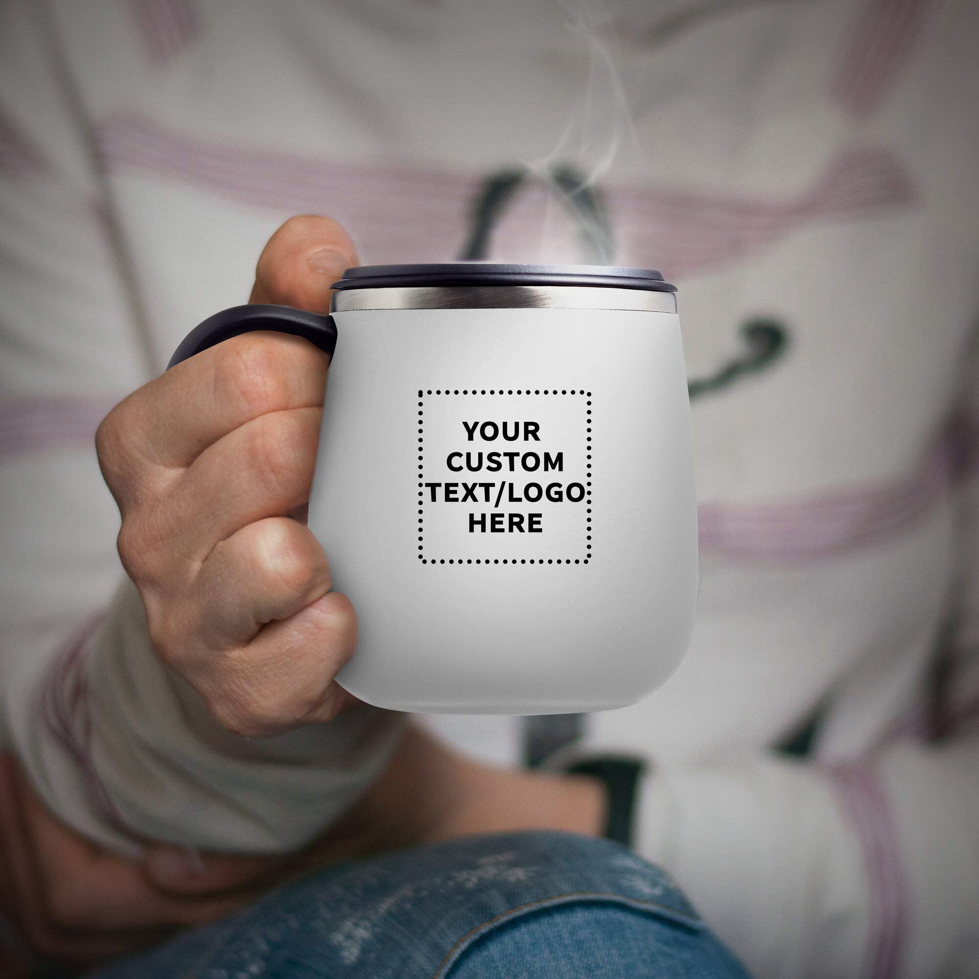 Personalized 11 oz Stainless Steel Coffee Mugs with Lid - 6 Pack Custom Text & Logo - White - Perfect for Office Gifts, Corporate Events & Travel Commuter Cups