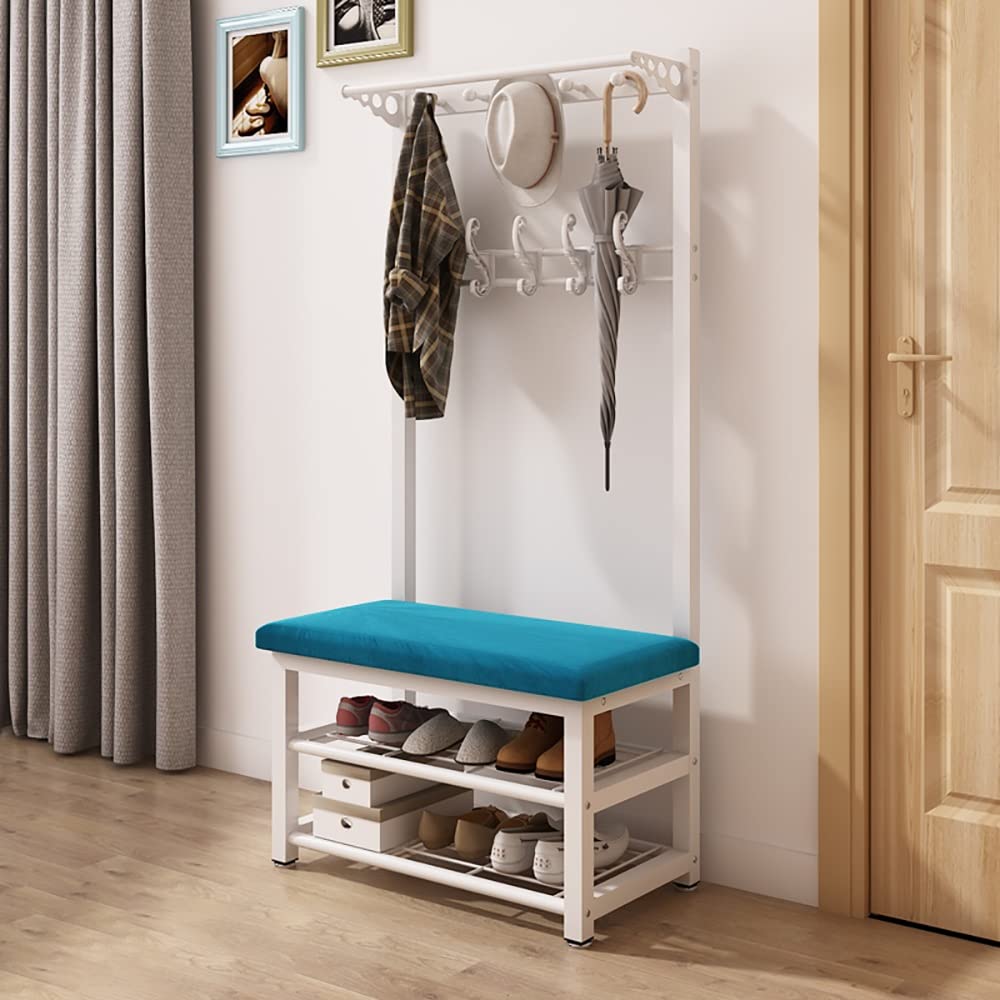3-in-1 Freestanding Coat Rack with Bench & 10 Hooks - Metal Hall Tree Shoe Storage Organizer for Entryway, Bedroom, Closet (60x33x172cm, Easy Assembly) - Perfect for Small Spaces & Home Organization