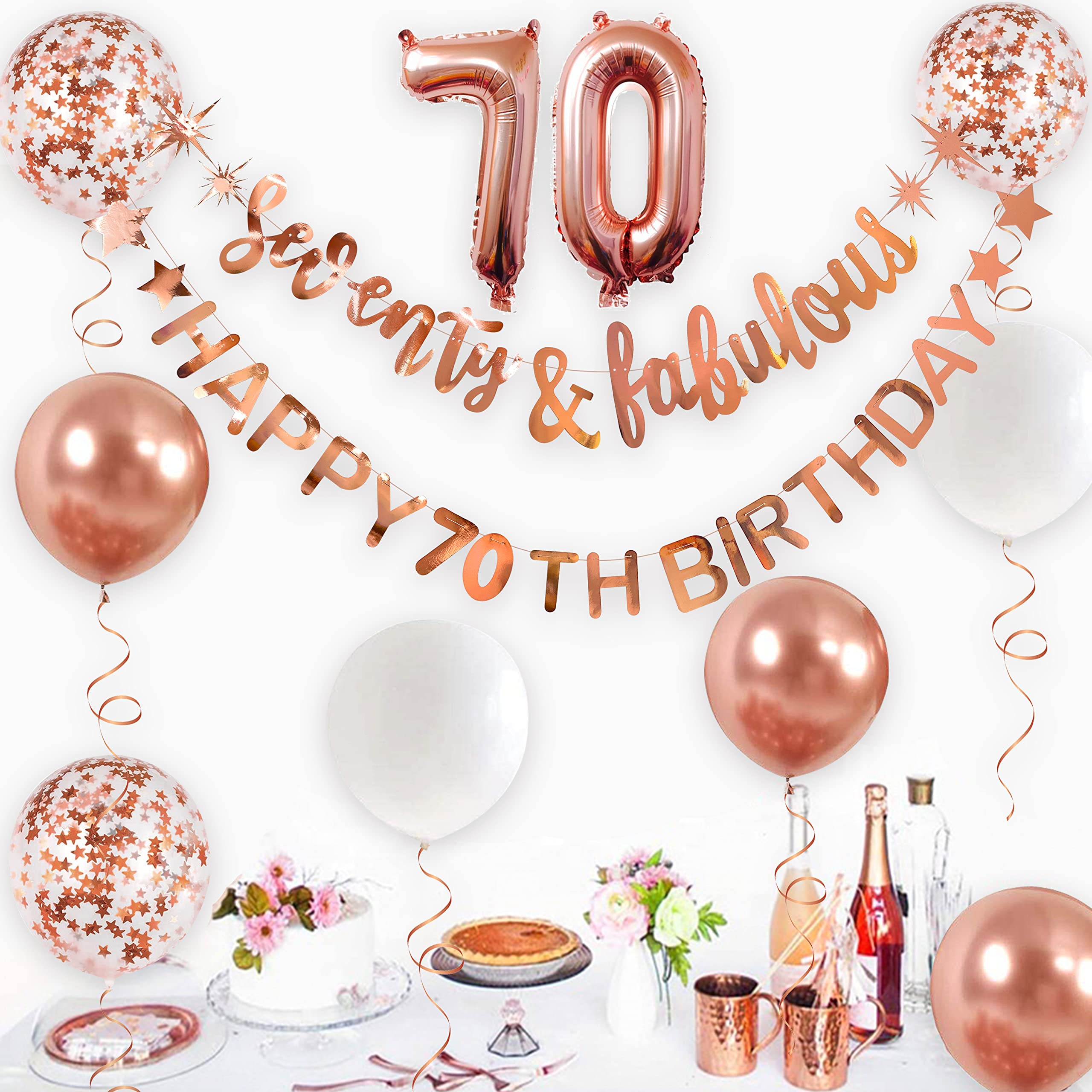 70th Birthday Decorations - Rose Gold '70 & Fabulous' Banner, Garland & Foil Balloons for Women | Cheers to 70 Years Party Supplies | Perfect for Milestone Birthday Backdrops, Hanging Decor & Celebration Photo Ops