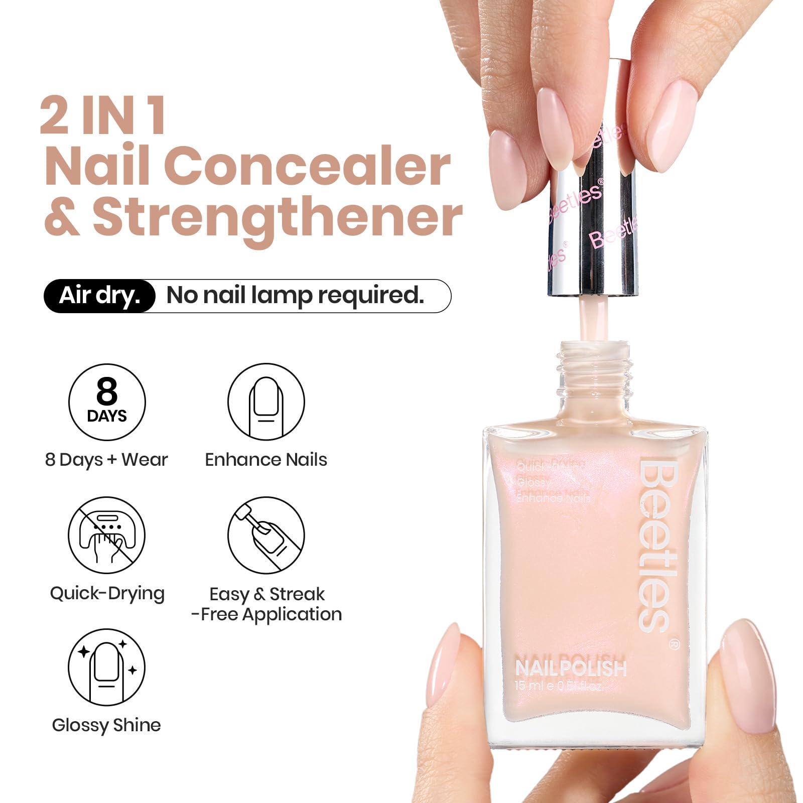 Beetles Nail Polish - Natural Nude Shimmer Nail Concealer, Fast Drying Strengthening Treatment for Thin & Damaged Nails (0.51 Fl Oz) | Perfect for Manicures, Pedicures & At-Home Nail Care