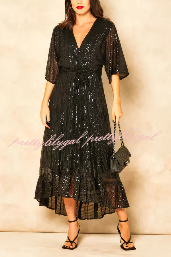 Elegant Solid Color Sequined V-Neck Waist Tie Loose Maxi Dress for Women - Perfect for Evening Parties, Weddings & Special Occasions