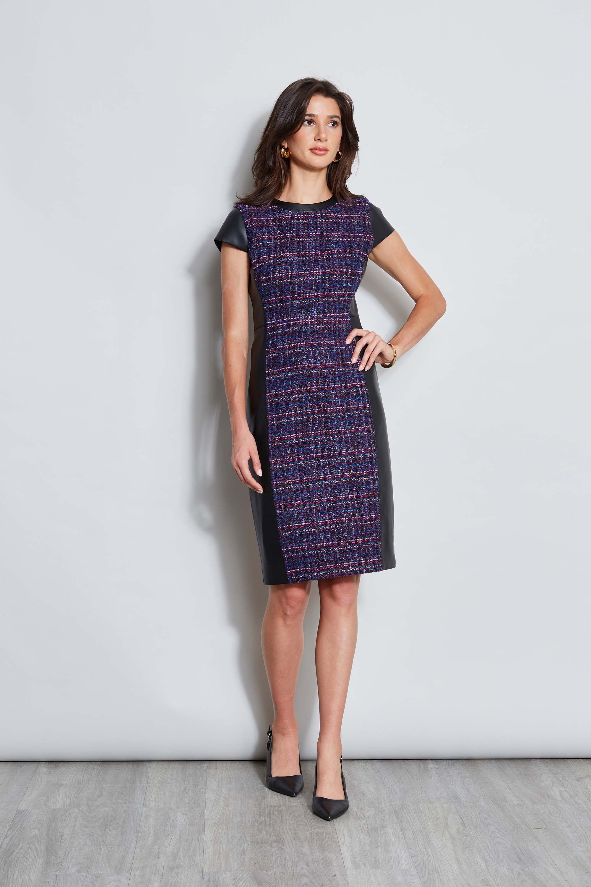 Eco-Friendly Tweed Vegan Leather Panel Dress for Women - Stylish & Sustainable Office Wear & Evening Outfits