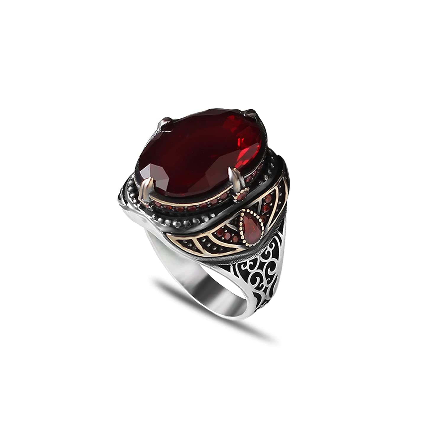 Handmade Sterling Silver Men's Ring with Natural Garnet Gemstone - Turkish Artisan Jewelry - Perfect Gift for Him, Boyfriend or Husband - Ideal for Weddings, Anniversaries & Special Occasions