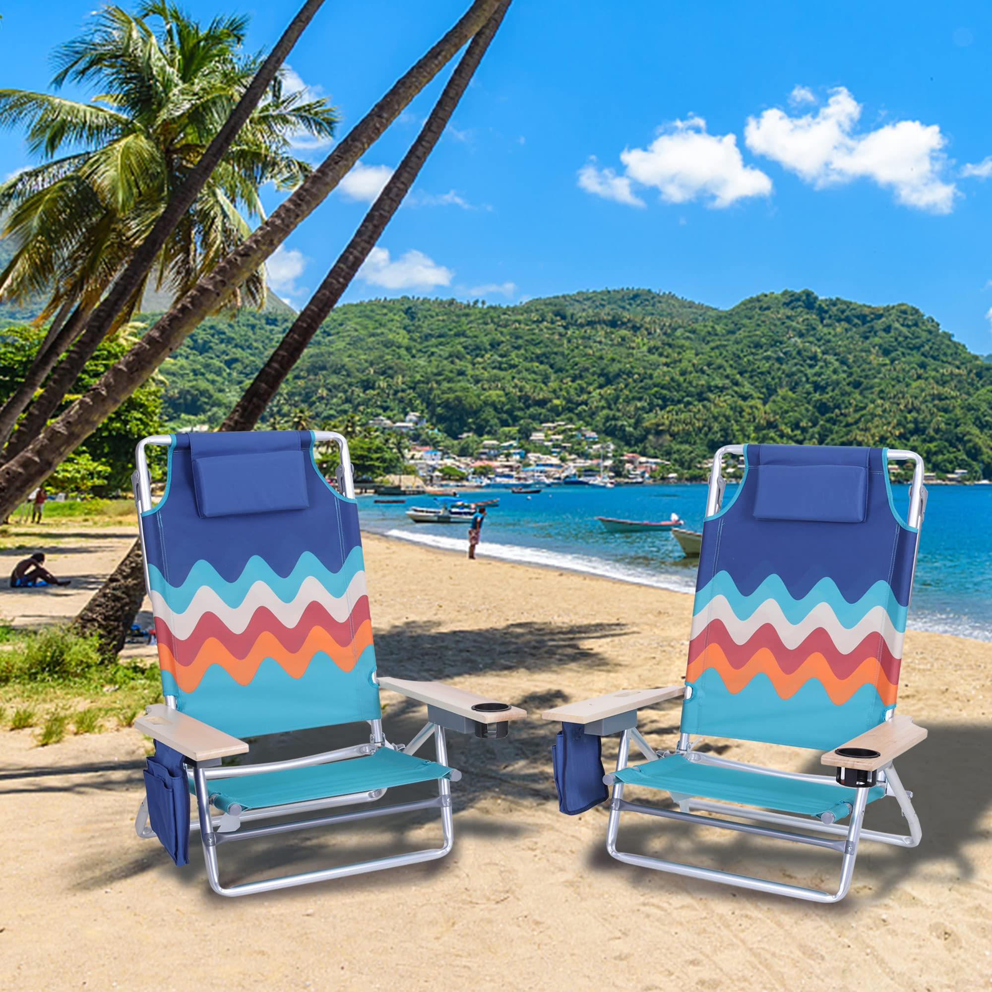 **GREEN PARTY 2 Pack Lightweight Aluminum Folding Beach Chairs with Cooler Bag & Armrest – Reclining, Supports 250LBS – Perfect for Outdoor, Camping, Picnics & Backyard Relaxation**