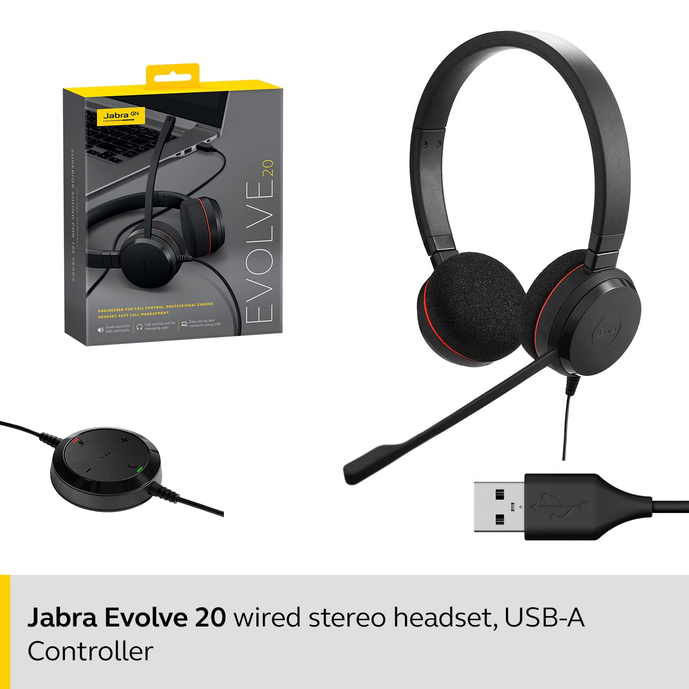 Jabra Evolve 20 Stereo Wired Headset with Passive Noise Cancellation & USB Controller - VoIP Headphones for Office Calls, Webinars & Remote Work (Black)