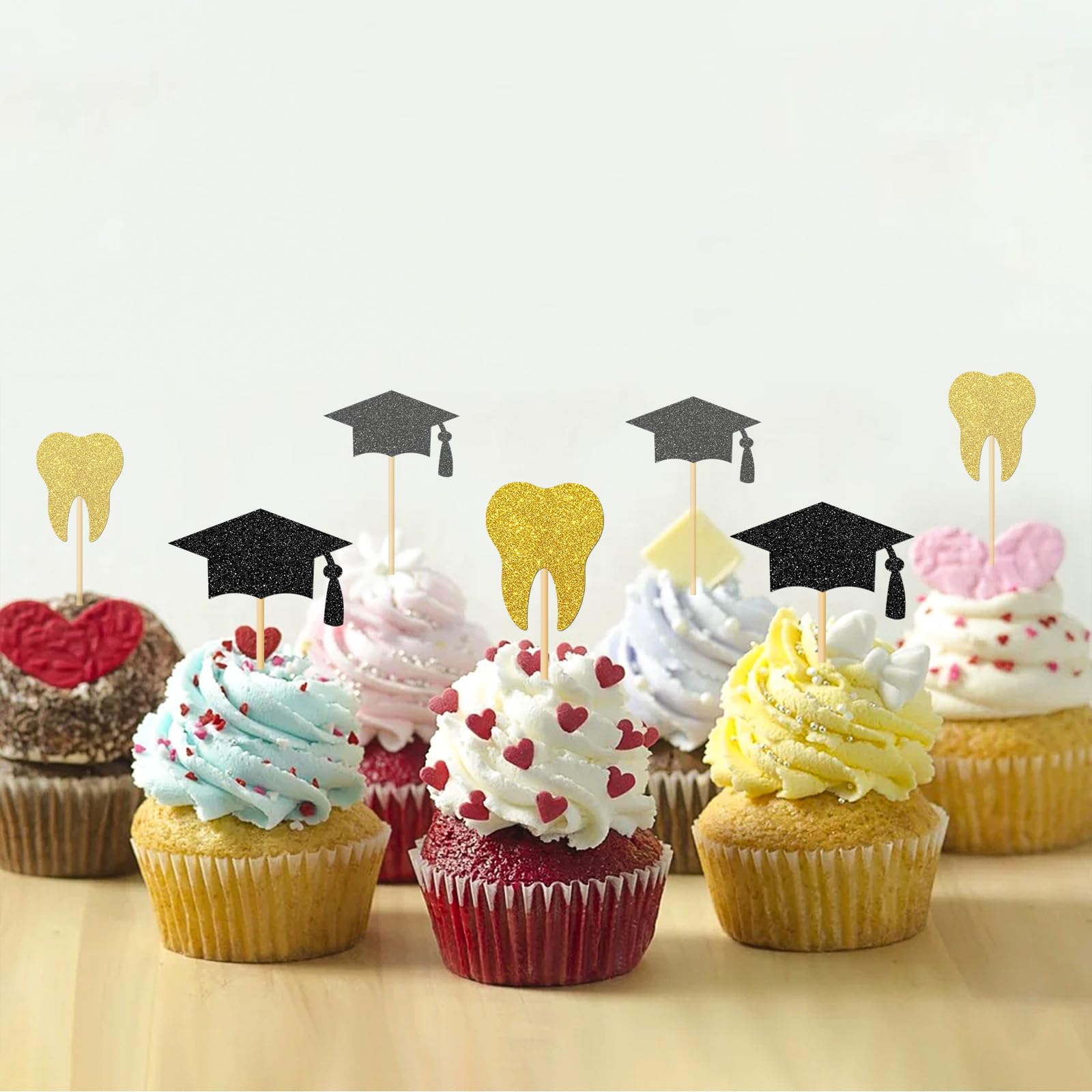 24 Pcs Dentist Graduation Cupcake Toppers - Gold Black Glitter Dental School Decorations for Graduation Party, Doctor Graduation, Dental Hygienist Celebration - Perfect for Cupcakes, Cakes, and Dessert Table Decor