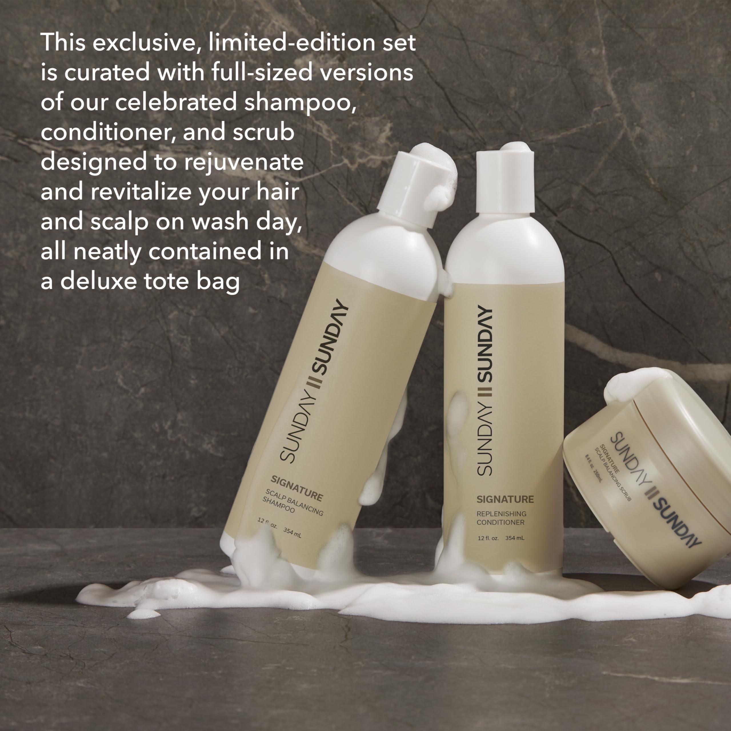 SUNDAY II SUNDAY Deluxe Signature Hair Wash System - Scalp Balancing Shampoo, Sugar Scrub & Replenishing Conditioner Set (8-Piece) for Hair Revitalization & Rejuvenation | Perfect for Dry, Damaged Hair & Scalp Care at Home or Salon