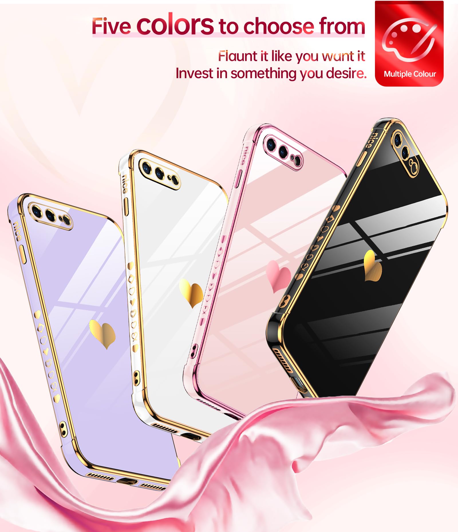 Shockproof iPhone 7 Plus/8 Plus Case with Tempered Glass Screen Protector (2 Pack) - Heart Design Full Camera Protection Pink Phone Cover - Perfect for Daily Use, Travel & Gift Giving