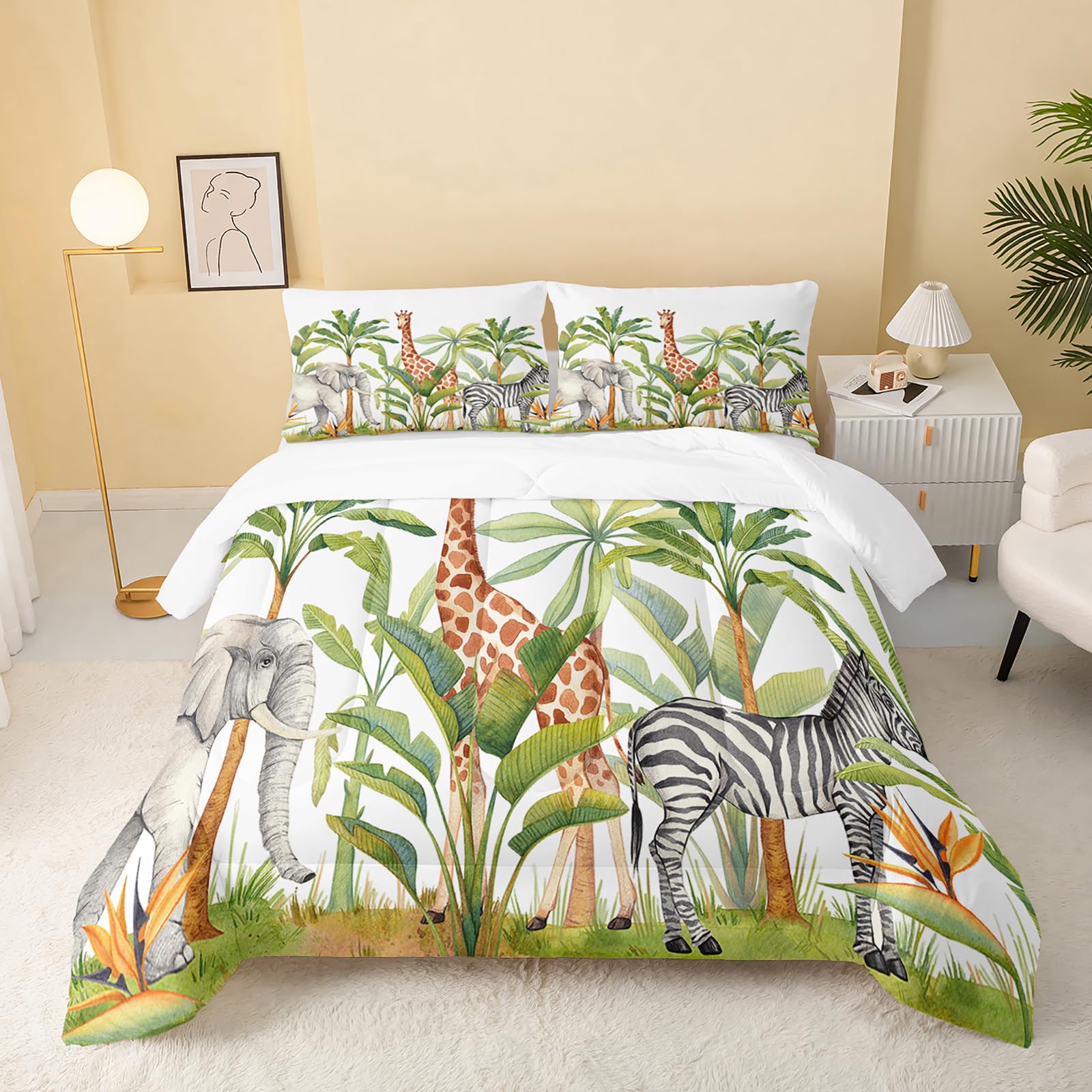 QOOMO Wild Animal Print Twin Size Comforter Set - Elephant Giraffe Zebra Design, 3 Piece Kids Bedding with 2 Pillowcases, Soft Lightweight Down Alternative for All Seasons | Perfect for Nursery, Kids Room Decor & Cozy Bedtime