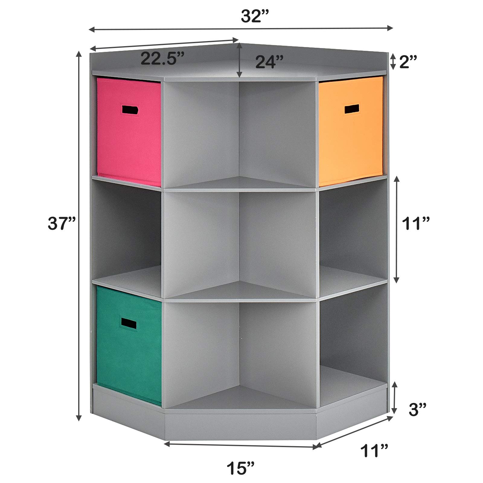 HONEY JOY 9-Cubby Wooden Toy Storage Organizer with Display Shelf & 3 Removable Baskets - Kids Playroom, Bedroom & Nursery Daycare Corner Cabinet (Gray) - Perfect for Organizing Toys, Books & Learning Supplies in Small Spaces