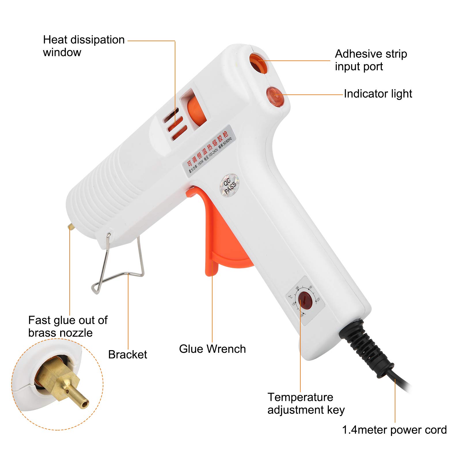 Walfront HL-F 150W Hot Glue Gun with Adjustable Temperature - 100-240V AC Power for DIY Crafts, Home Repairs & Creative Projects (White, US Plug) - Perfect for Scrapbooking, Woodworking & Home Decor