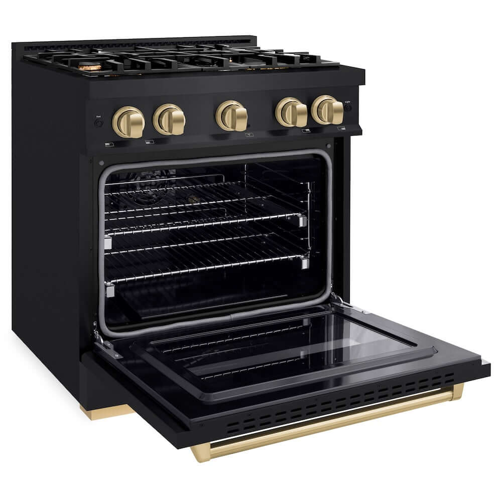 ZLINE Autograph Edition 30 Inch 4.2 cu ft Gas Range - 4 Burner Cooktop with Convection Oven - Black Stainless Steel & Champagne Bronze Accents (CGRBZ 30 CB) - Perfect for Modern Kitchens & Professional Home Chefs