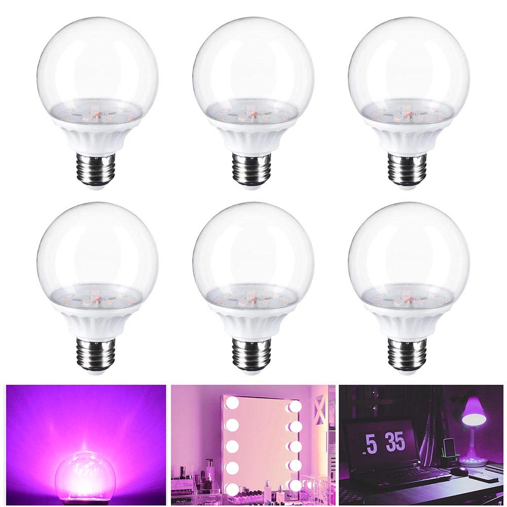 BYOOTIQUE 6-Pack G80 LED Globe Bulb E27 Base, Purple Light for Hollywood Makeup Vanity Mirror, Studio Lighting, Home Decor - Perfect for Dressing Rooms, Photography Studios & Bedroom Ambiance