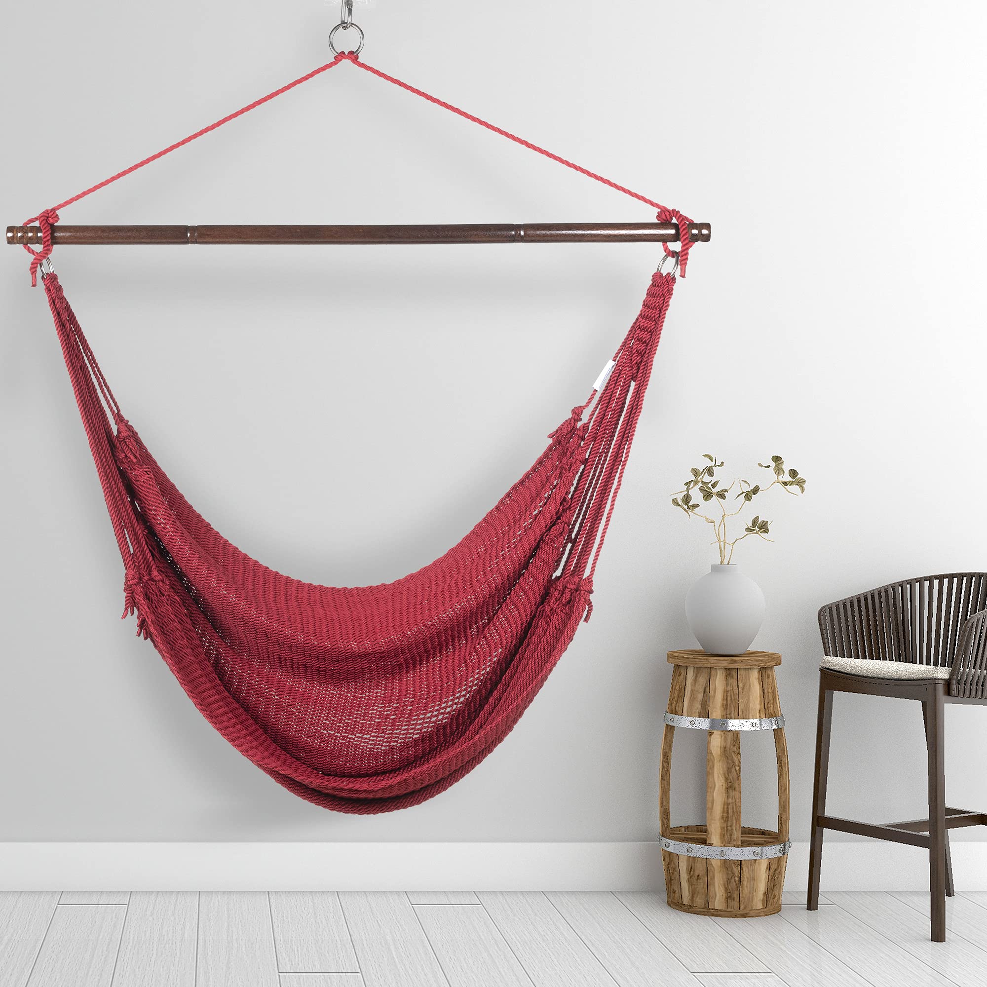 Jumbo Caribbean Hammock Chair with Footrest - 55 Inch Oversized Hanging Swing Chair - Soft-Spun Polyester Fabric - Red Relaxation Chair for Indoor/Outdoor Use - Perfect for Patio, Garden, Balcony & Backyard Lounging