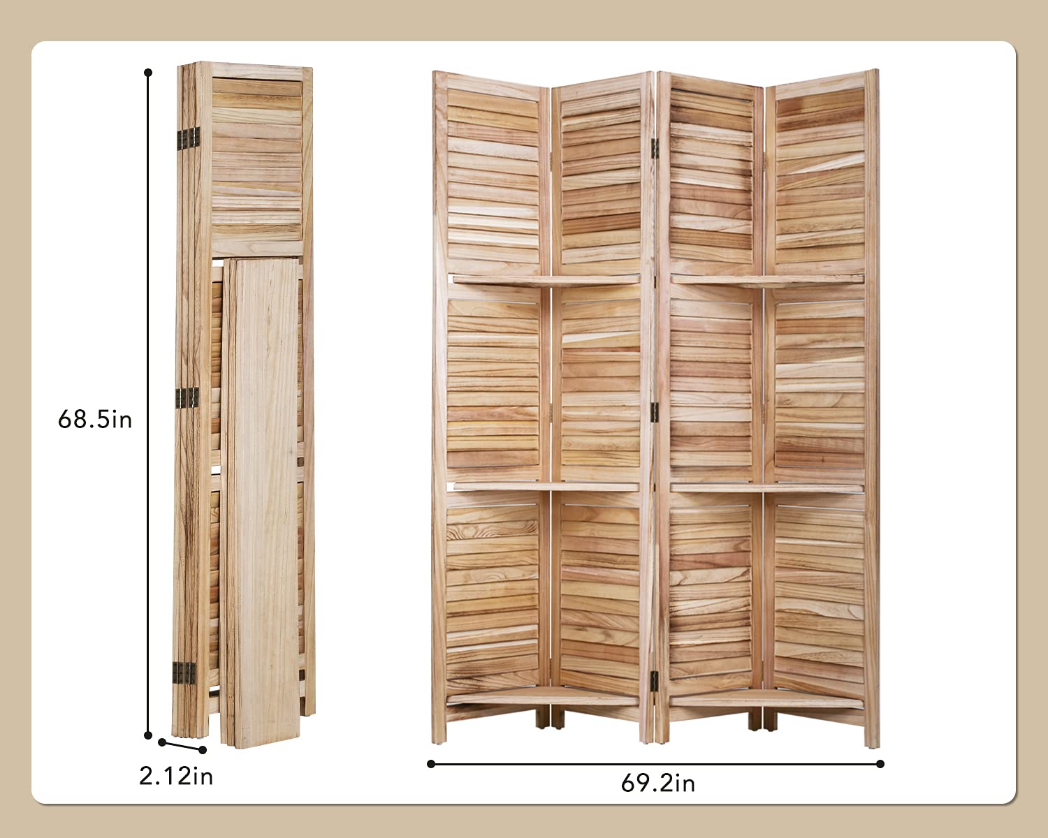 4-Panel Wooden Room Divider - Freestanding Folding Privacy Screen with Removable Storage Shelves | Portable Partition Wall for Home Office & Living Room (Natural Finish) - Perfect for Creating Private Spaces in Studios, Apartments and Workspaces