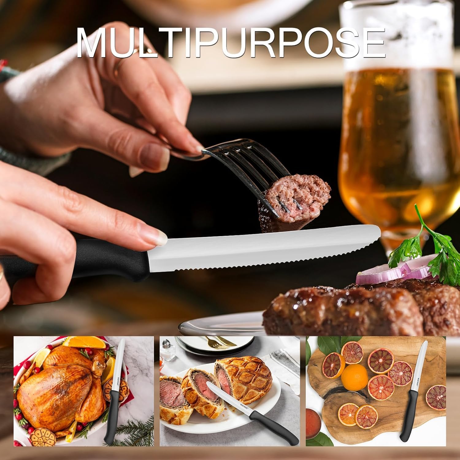 Warmot® 6-Piece Steak Knife Set - High Carbon Stainless Steel Serrated Blades with Black Handles - Perfect for Steak Dinners, BBQ Parties & Fine Dining Experience