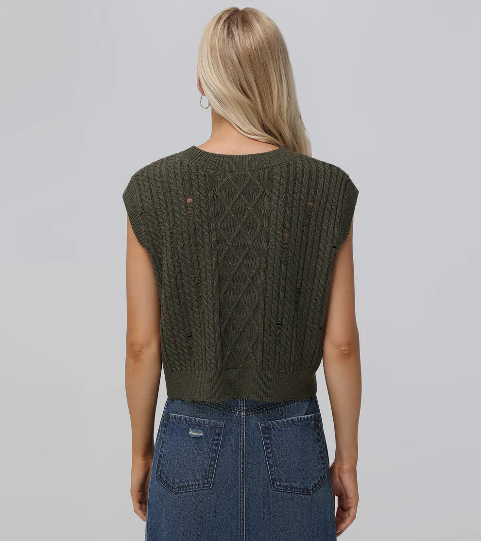 Distressed Cable Knit Sweater Vest for Men - Military Olive Green, Casual Winter Layering & Outdoor Fashion
