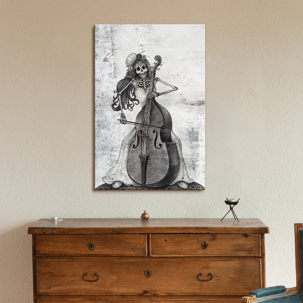 Skull Girl Playing Musical Instrument Canvas Print Wall Art - Modern Gallery Wrap Home Decor - 32x48 Inches - Ready to Hang | Perfect for Living Room, Bedroom & Office Decor