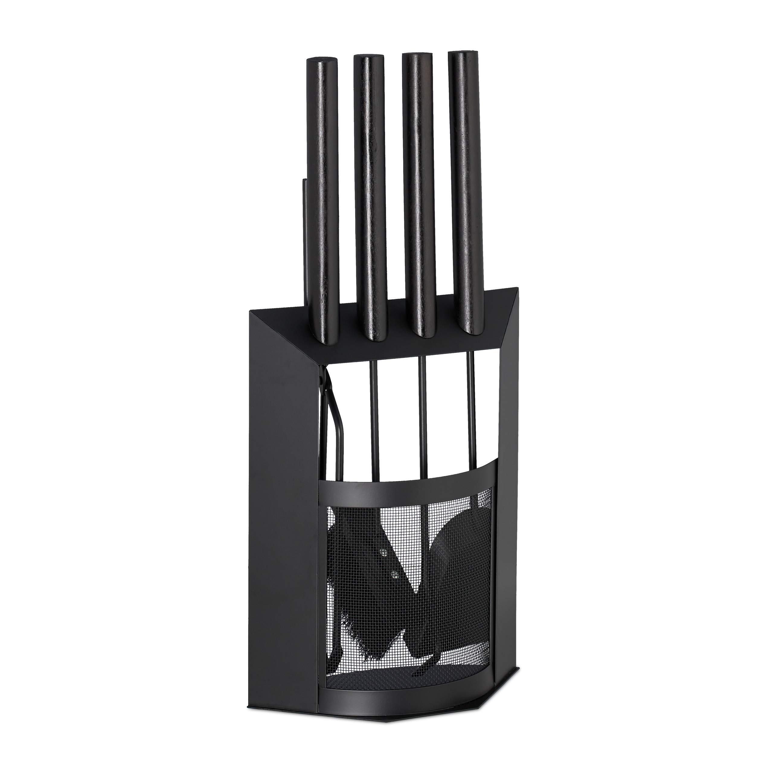 5-Piece Fireplace Tool Set with Shovel, Broom, Tongs & Stand - Modern Black Steel & Wood Fireplace Accessories (61 x 28.5 x 16cm) - Perfect for Indoor Fireplace, Hearth Maintenance & Home Decor