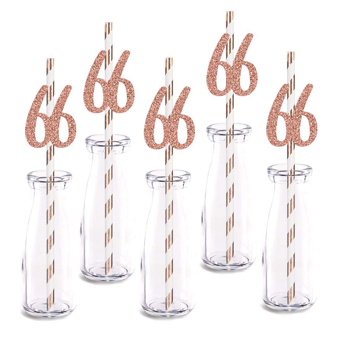 Rose Gold Glitter 66th Birthday Party Straws - 24pcs Cut-Out Number 66 Drinking Decorations for Anniversary Celebrations, Bridal Showers & Special Occasions
