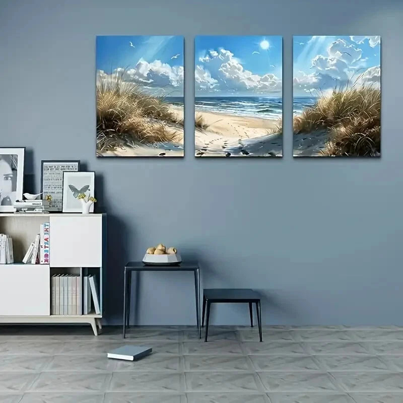 3-Piece Coastal Landscape Metal Wall Art with Blue Ocean - Ready to Hang Home Decor for Living Room, Bedroom & Office