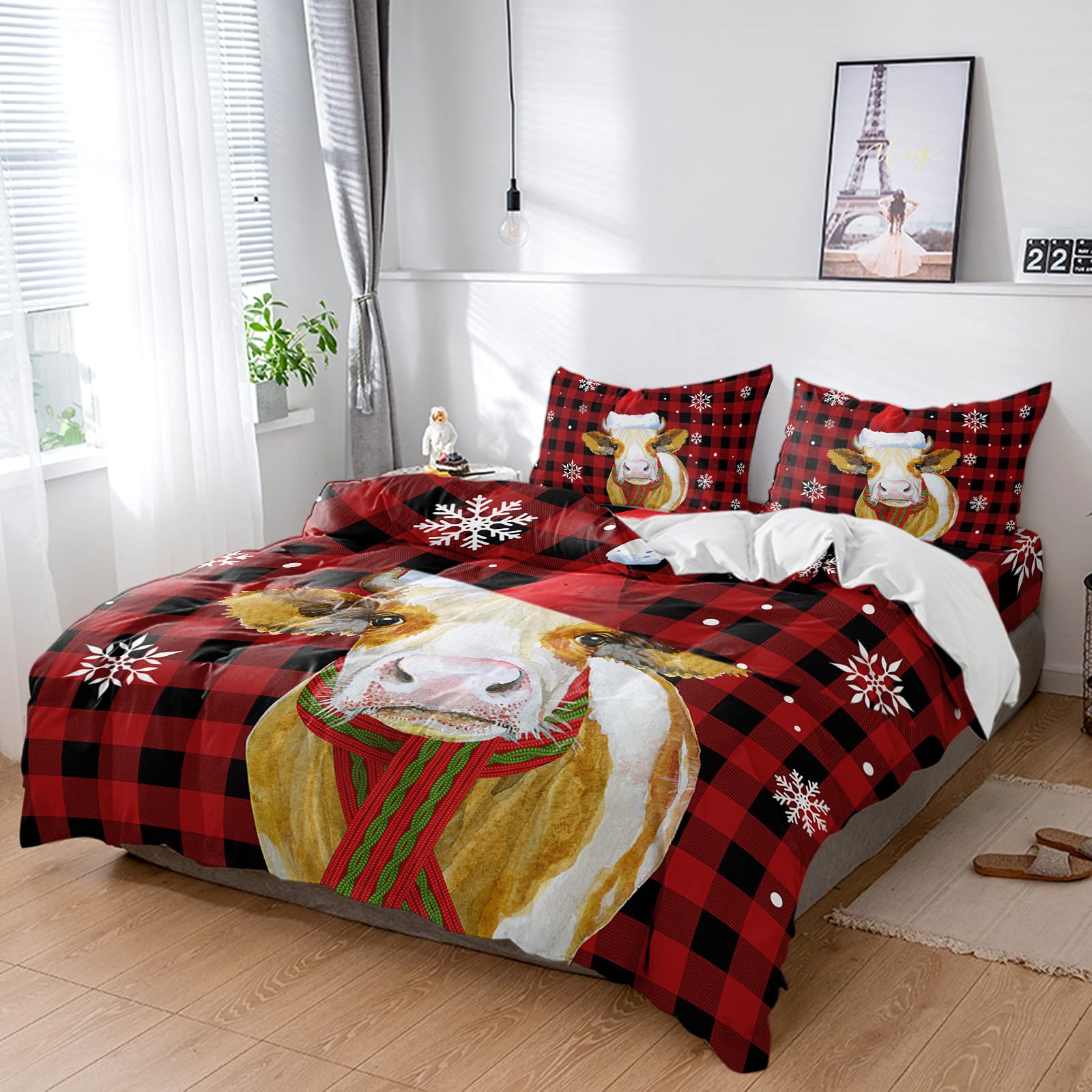 4-Piece Farmhouse Christmas Cow Bedding Set - California King Duvet Cover with Soft Comforter, Flat Sheet & Pillowcases - Red and Black Check Plaid Winter Snowflake Design - Cozy Farmhouse Bedroom Decor for Holidays & Winter Season