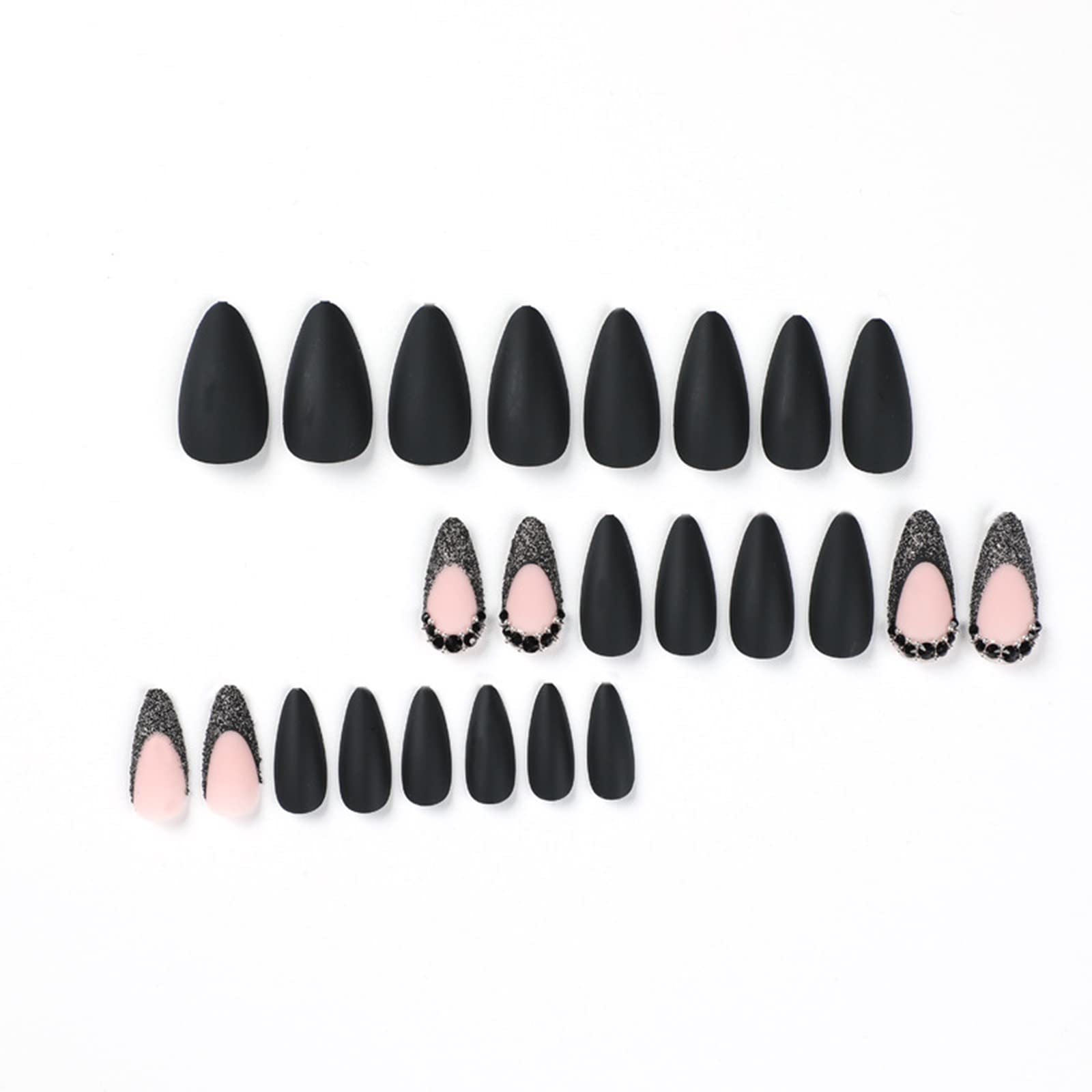24 Pcs French Tip Press on Nails - Medium Length Almond Shaped Fake Nails with Rhinestone Design, Matte Black Acrylic Nails for Women & Girls | Easy Glue on False Nails for Parties, Weddings & Daily Wear