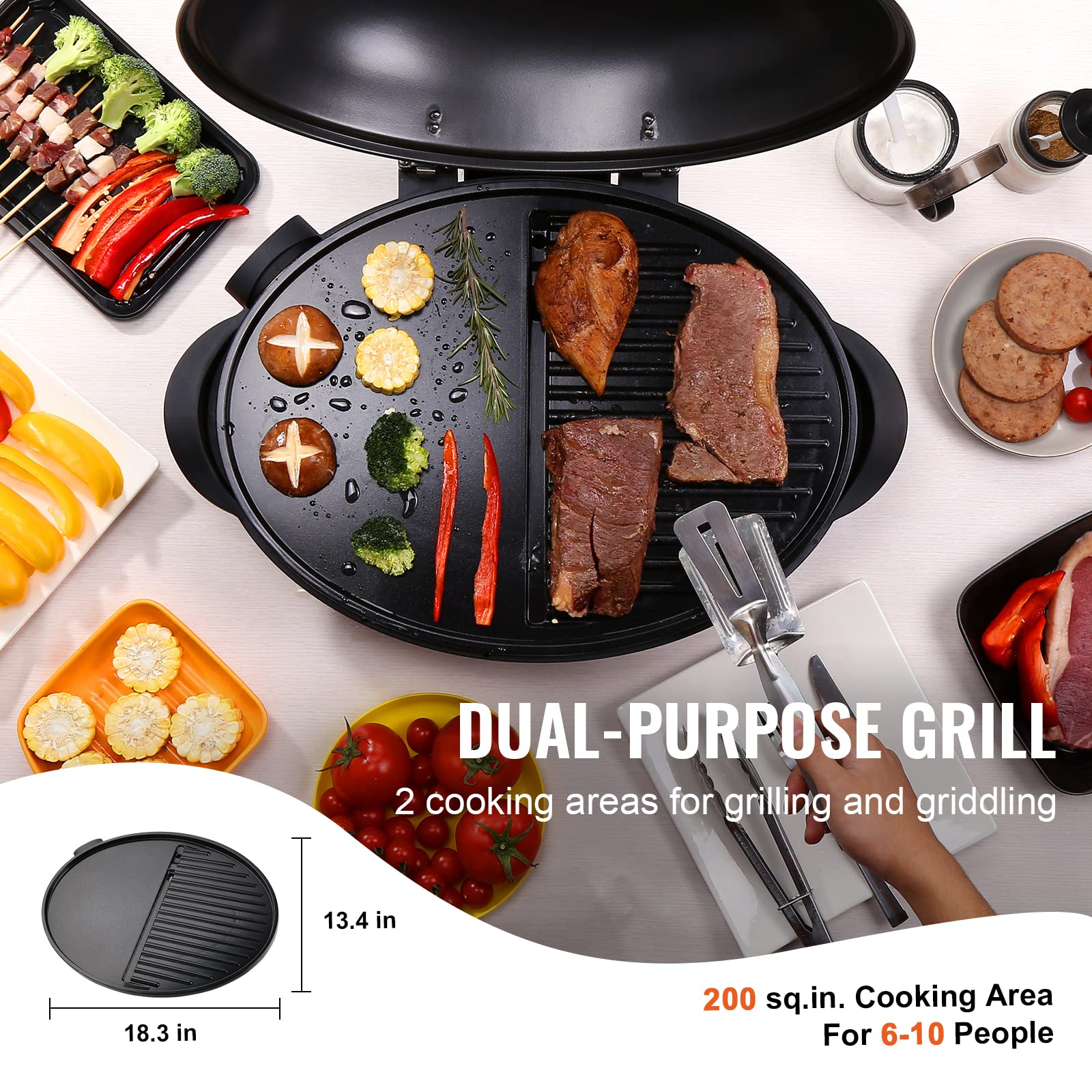 VEVOR 1800W Electric Grill for Indoor & Outdoor Use - 200 Sq.in Non-Stick Ceramic BBQ Grill with 2 Zone Cooking, Adjustable Temperature & Removable Stand - Perfect for Backyard Parties, Camping & Patio Dining