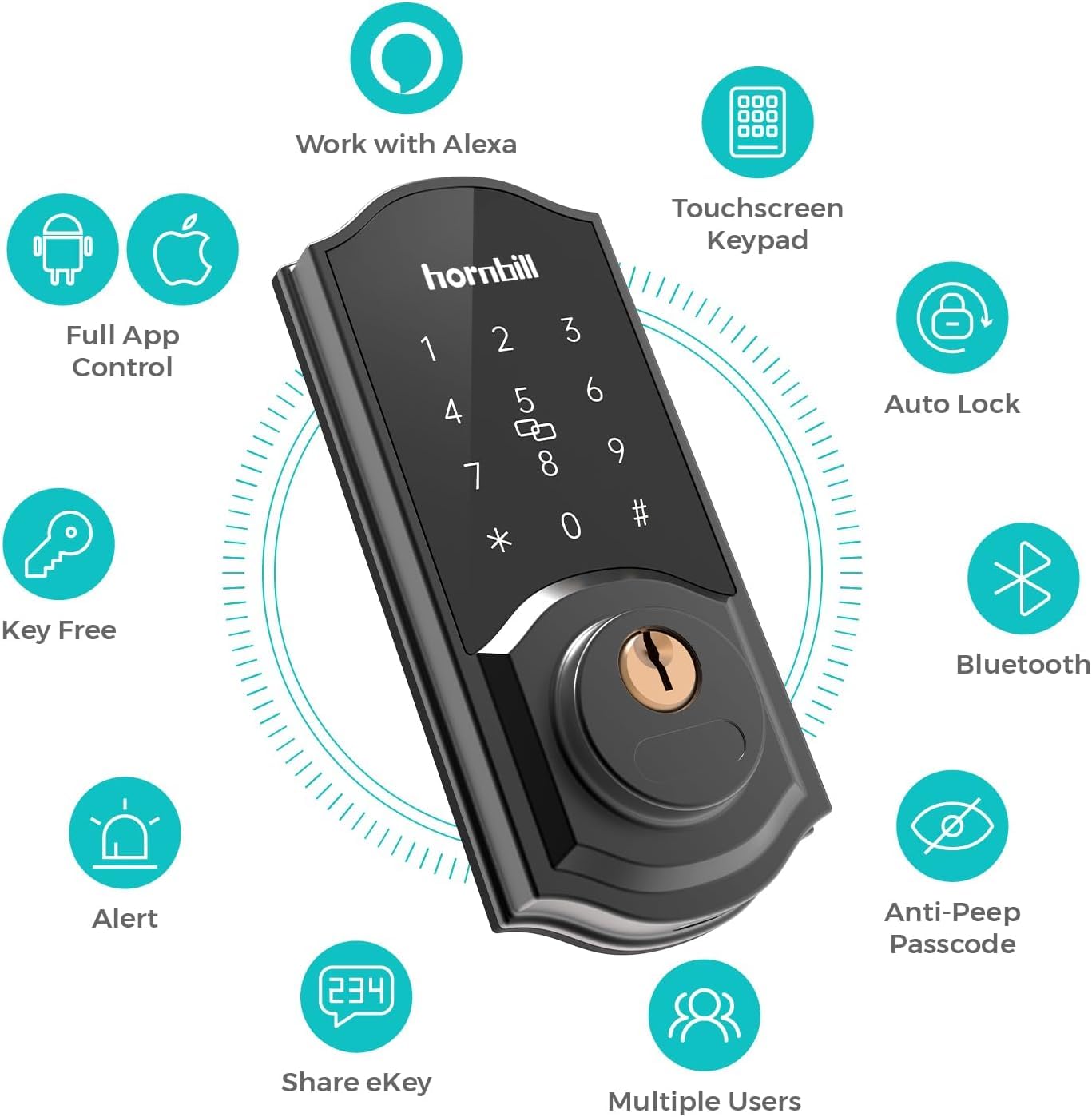 Hornbill Smart Keyless Entry Door Lock - Bluetooth Electronic Deadbolt with Keypad, Auto-Lock Digital Front Door Lock for Home, Apartment & Bedroom Security | Easy Installation & Hands-Free Access