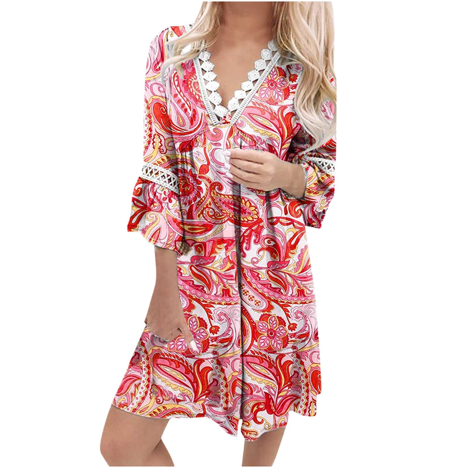 Women's Casual Summer Dress 3/4 Sleeve Lace Trim V-Neck Boho Swing Tunic Midi Dress with Paisley Print - Perfect for Beach Parties, Vacations & Summer Outings