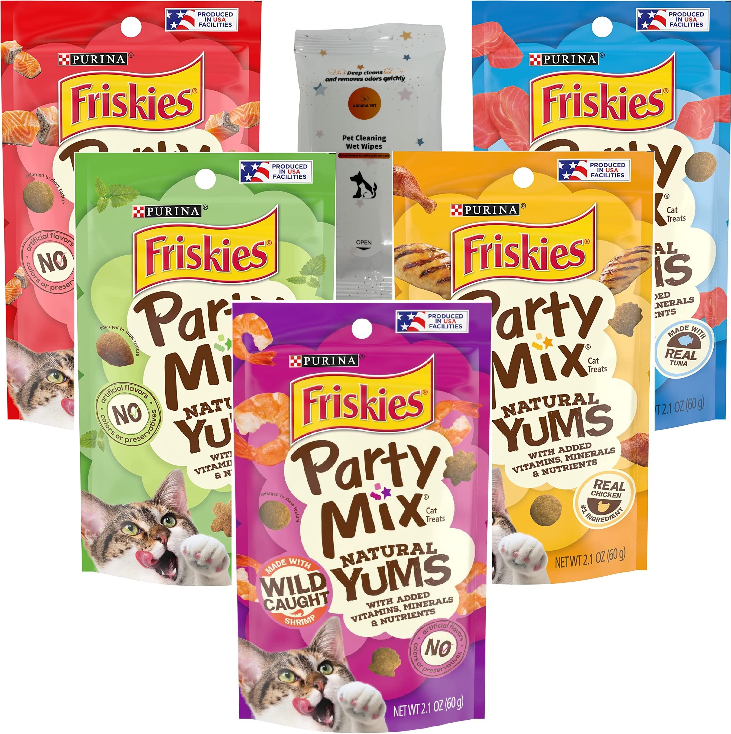 Aurora Pet Variety Pack (5) Natural Cat Treats - Salmon, Tuna, Chicken, Shrimp & Catnip Flavors - 2.1oz Each with Free AuroraPet Wipes | Healthy Snacks for Indoor & Outdoor Cats | Perfect for Training, Rewards & Party Treats